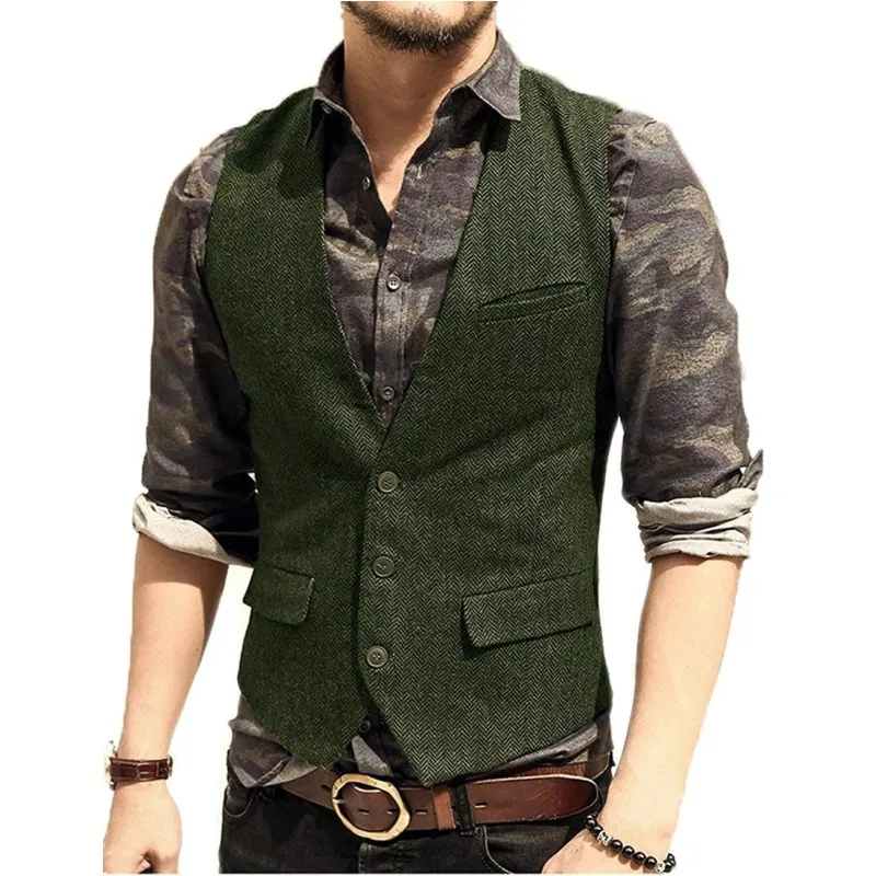 New Army Green Mens Vest Suits Waistcoat V Neck  Waistcoat Jacket Slim Fit Tuxedo for Casual Formal Costume Pour Homme Vest