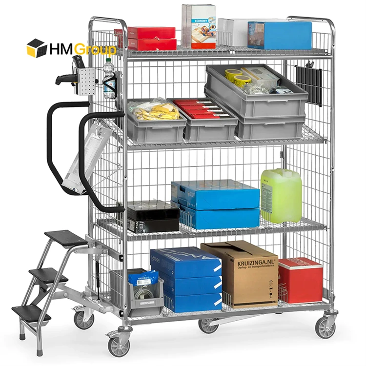 Multi Tier Rolling Portable Strong Large Strong Warehouse Trolley Industrial Order Picking Carts  with Ladder