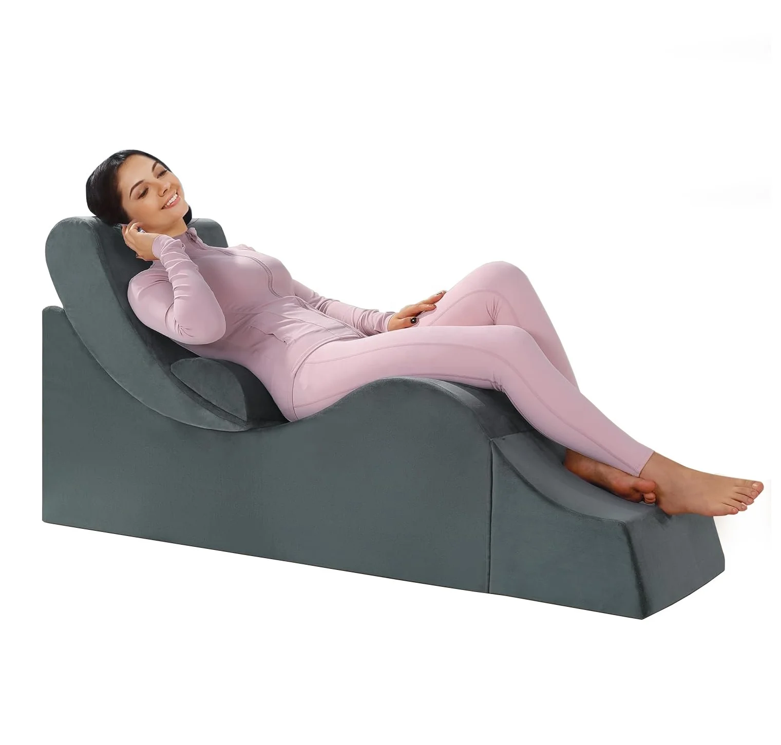 Ergonomic Yoga Chaise Lounge Chair With Lumbar Pillow & Ottoman | For Stretching, Relaxing, Gaming (Grey)