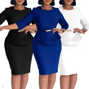 D3312 Latest Design Summer Career Dresses Women Casual Elegant Solid Color Half Sleeve O-neck Pencil Office Lady Dress With Belt