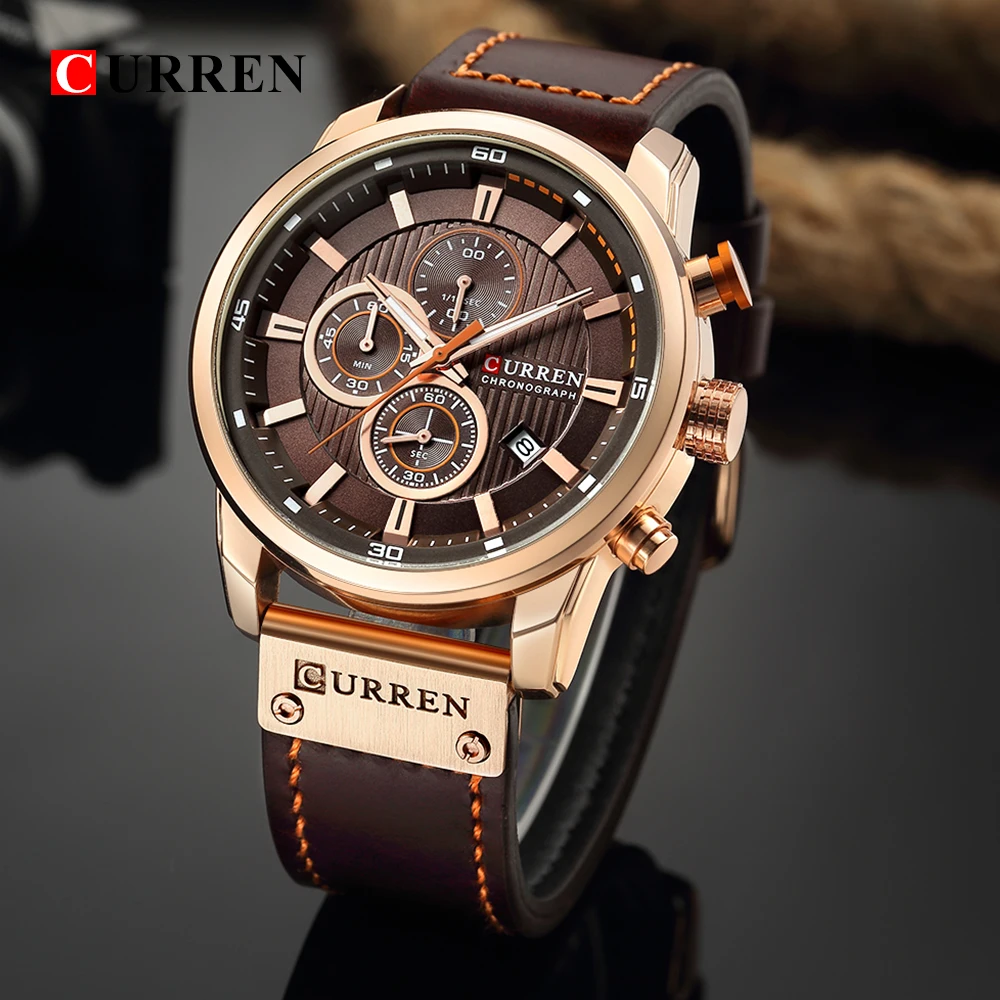 Curren 8291 Quartz Watch Men Leather Strap Sport Casual Watch Multifunction Dial Wristwatch Waterproof Date Watch for Male
