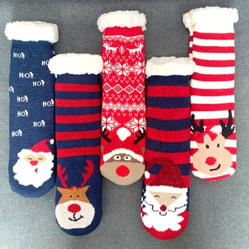 Woman Women Ladies Christmas XMAS Reindeer Santa Knitted Indoor Floor Winter Home Lounge Slipper Socks With Plush Sherpa Lining