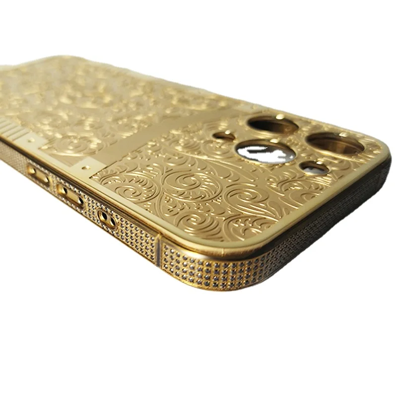 For iPhone Customizable Engraved logo Gold Plated Phone Housing with Zircon  Accept Large Quantity Order Low Price Customization