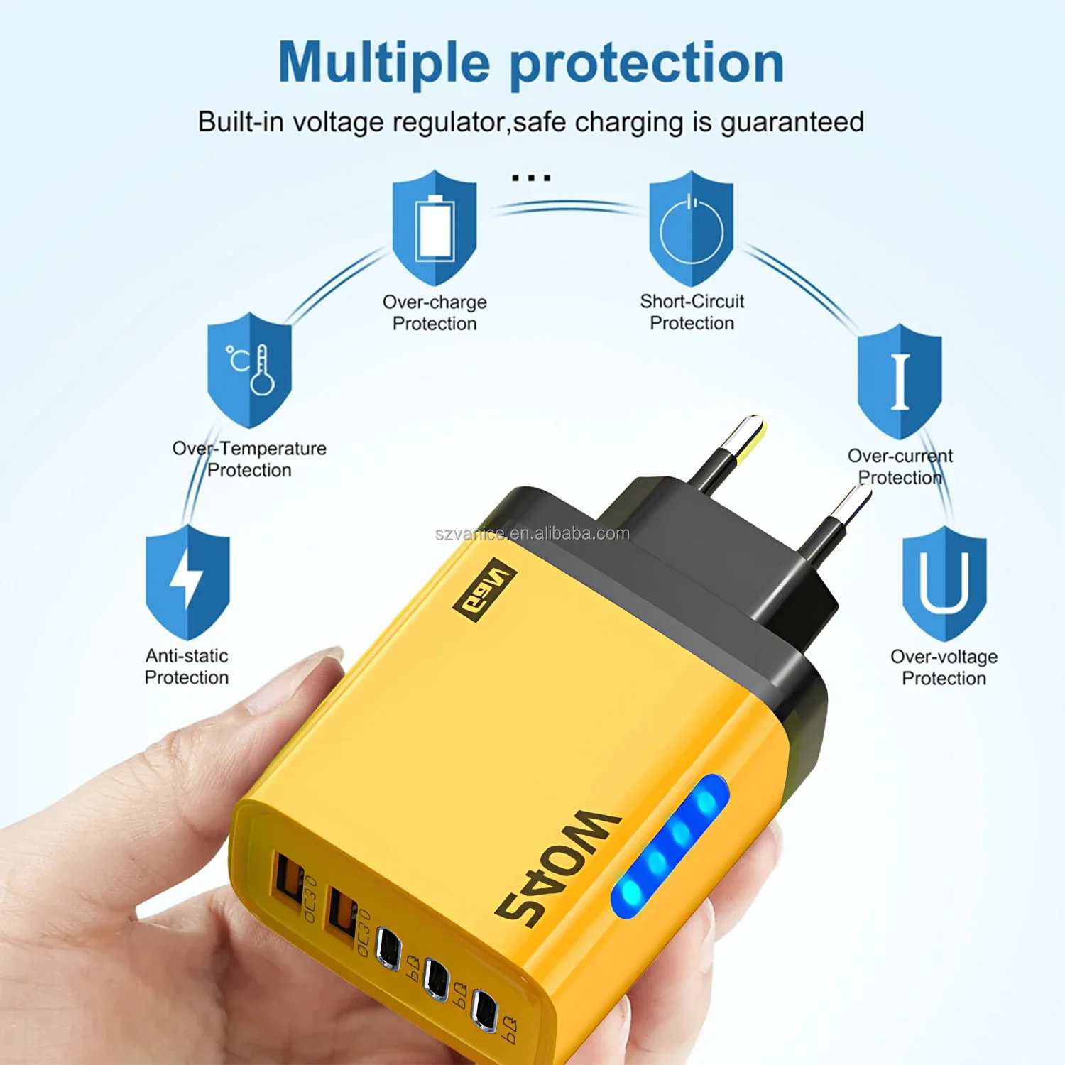 EU/US Plug 240W GaN Charger Adapter 5 Port PD USB Fast Charger 240W LED Light USB-C Power Adapter