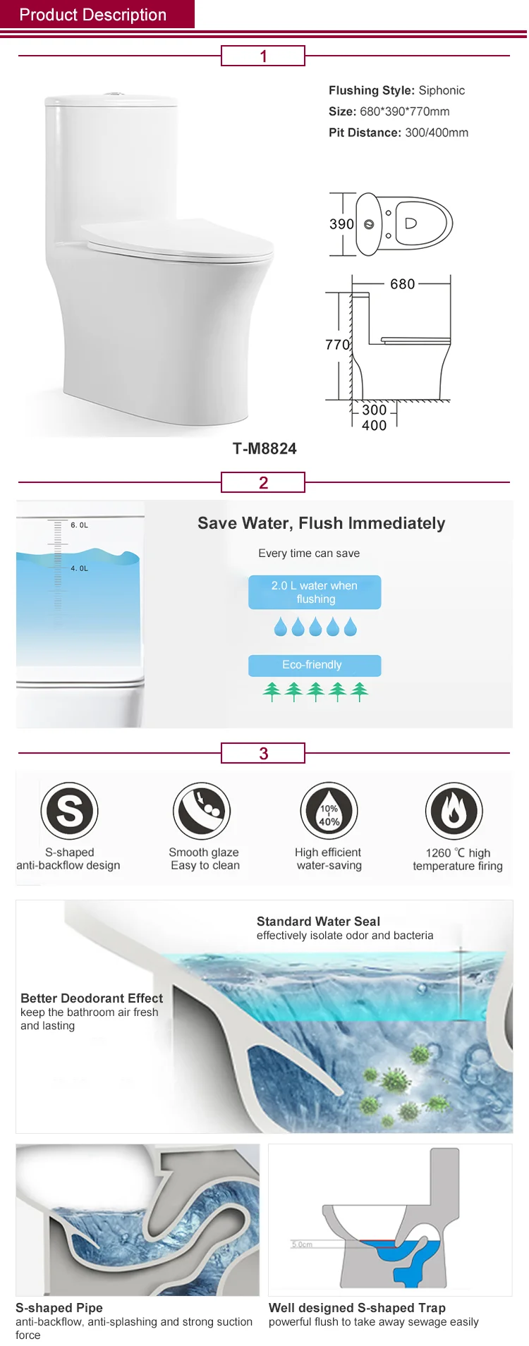 YEKALON Bathroom Sanitary Ware 300mm 400mm Strap Siphonic Flush One Piece Toilet T-M8824