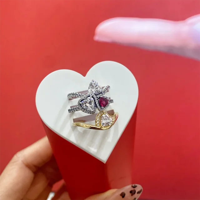 S925 Silver Ring, pink Heart-shaped Bow, Princess Crown, Dual Ring, Niche High-end Feel, Tail Ring, Female