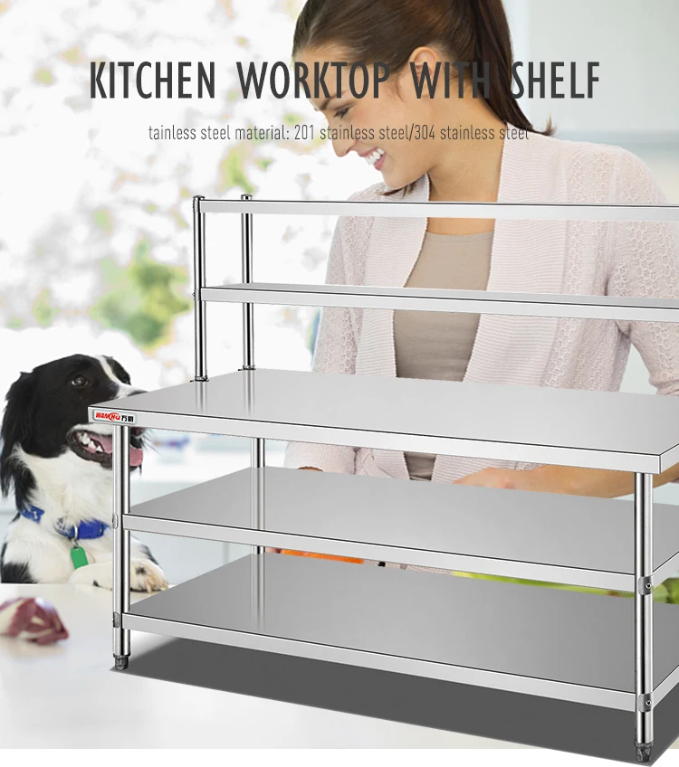 Industrial Design Style Stainless Steel Work Table with 3 Tiers Under Shelf Top Shelf for Dining Room or Hotel Home Furniture
