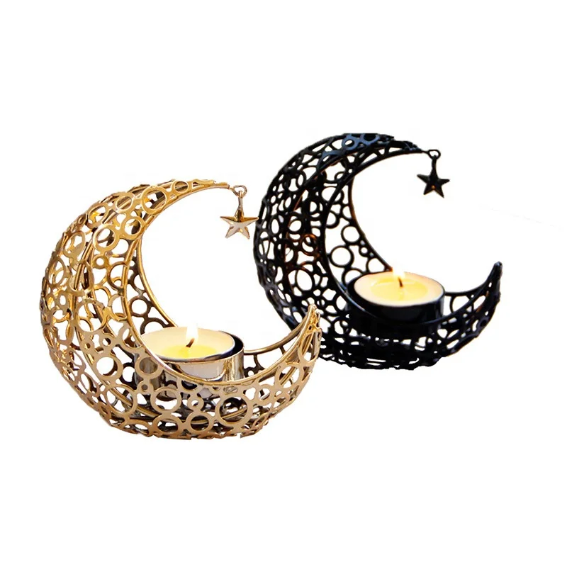 Candeliere Ramadan A Forma Di Luna Crescente Con Cristalli - Portacandele In Ferro Per Decorazione Casa, 20cm