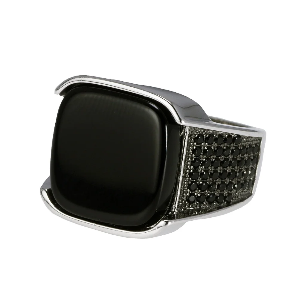 Guaranteed 925 Sterling Silver Rings Antique Turkish Ring Jewellery for Men With Square Black Natural Stones Simple Design