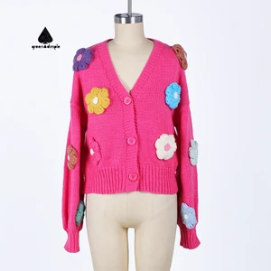 Embroidered Flowers Women's Casual Floral Knitted Cardigan Sweater Jacket New Fashion Knitted Manufacturers for Women
