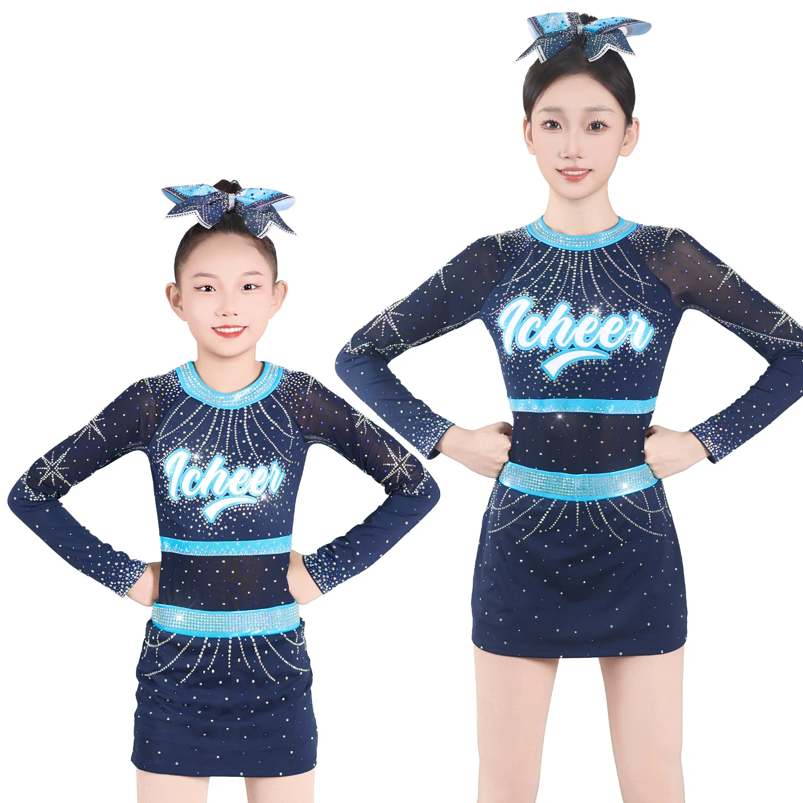 Kids Girls Cheerleading Uniform Cheerleader Modern Ballet Dance Costume Glittery Rhinestones Metallic Long Sleeve Pleated Dress