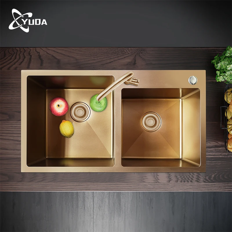 YUDA Nano Rose Golden Countertop Handmade 304 Stainless Steel Double Bowl Kitchen Sink for Home Hotel Restaurant Installation