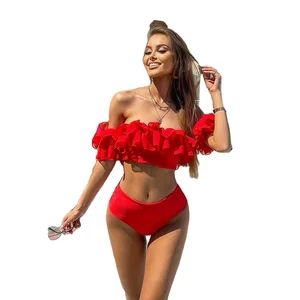 2022 Sexy Double Ruffle Bikinis Women Swimsuit Red High Waist Swimwear Off the Shoulder Bathing Suit Beachwear Bandeau Biquini