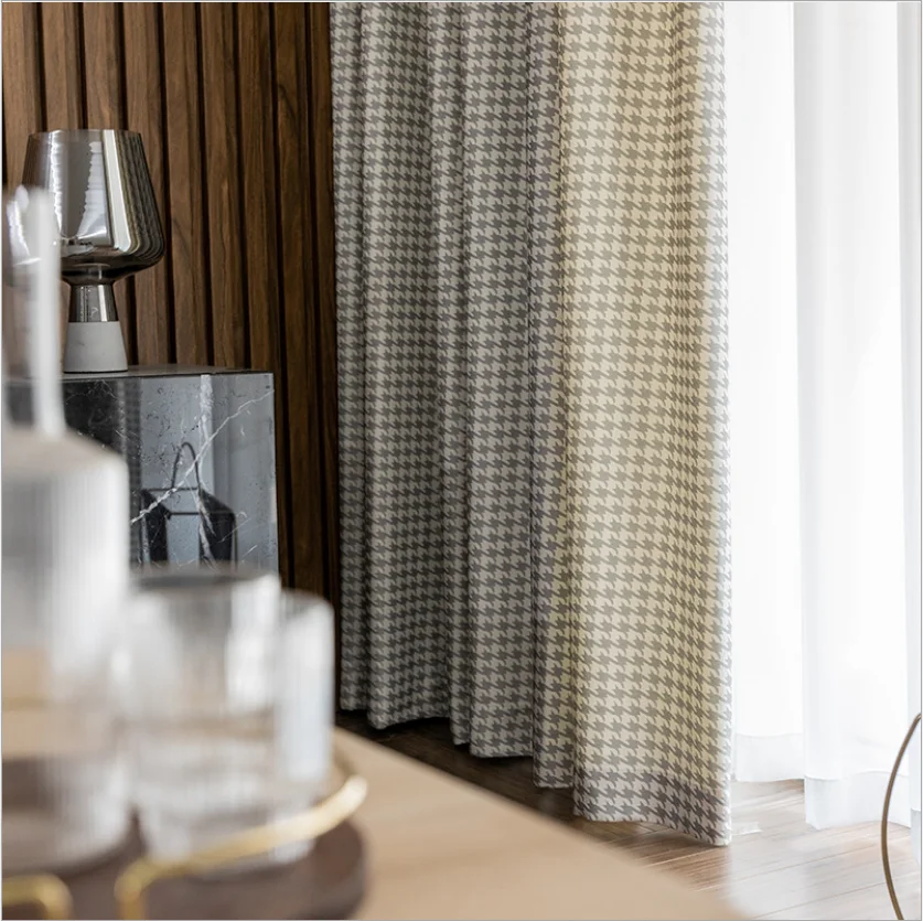 Houndstooth Swallow Gird Printed Linen Material Finished Curtains Cortinas Factory Direct Sales Custom Design