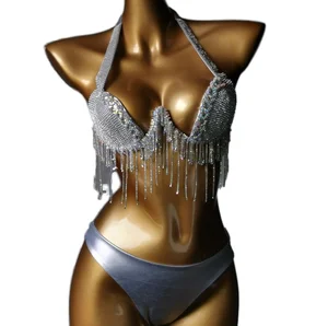 2026 Diamond Swimsuit Tassel Nightclub Wear Hollow Sexy Party Bikini Set Solid Pattern Rhinestone Jewelry Decoration 2 Thongs