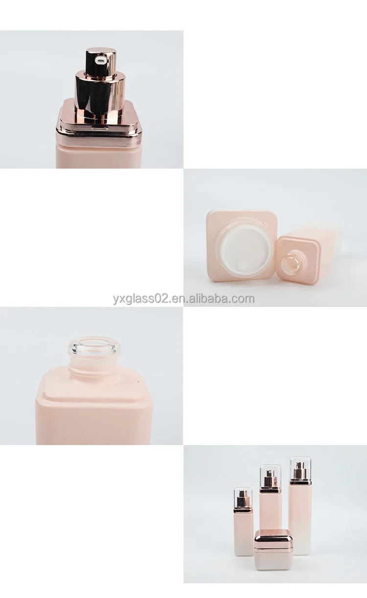 Supplier Cosmetic square glass bottle set Innovative design of rose gold cover for skincare packaging 50g40ml100ml120ml details