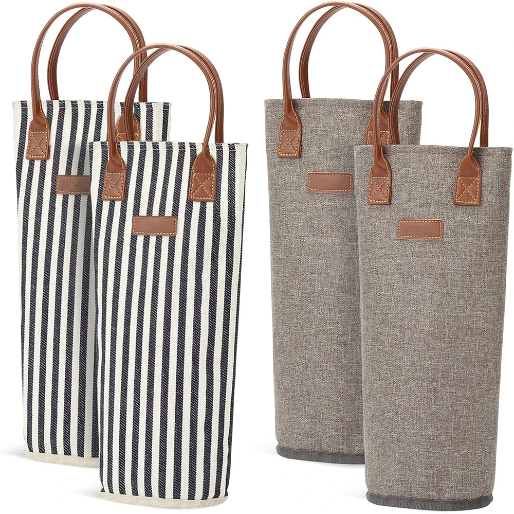 4 Pack Insulated Cooler Wine Bag Set Padded Wine Carrier With Leather