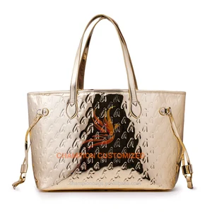 Customized Monogram Logo Metallic Gold Leather Ladies Tote Bag Shoulder Handbag Purse for Women