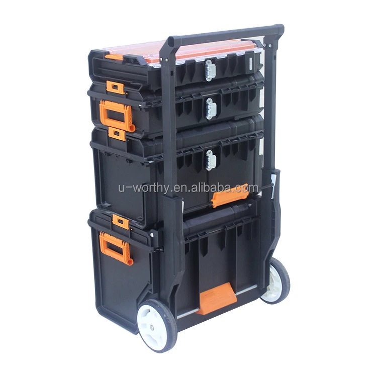 Ningbo Factory Four Layer Stackable Trolley Plastic Tool Box for Household Workshop Tool Cabinet with Flexible Handle and Wheel