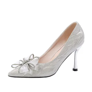 Classy Women's Silver Glitter Fabric Comfortable Summer Slip-On Pointed Toe Stiletto Heel Pumps with Rhinestone Bow for Wedding