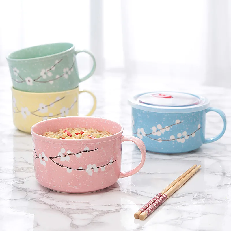 Sample Available Large Capacity Ramen Soup Bowl Set Ceramic Embossed Ceramic Soup Mug with Lid