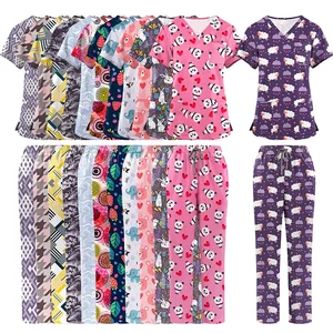 Elastic Wrinkle Resistant Breathable Printed Hospital Scrub Suit Set Uniformes Medicos Scrubs Uniforms Sets Nursing Scrubs