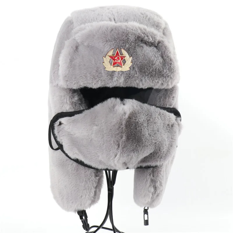 Russian Soviet Hats Artificial Rabbit Fur Ushanka Winter Cold Weather Hat for Men with Soviet Red Star