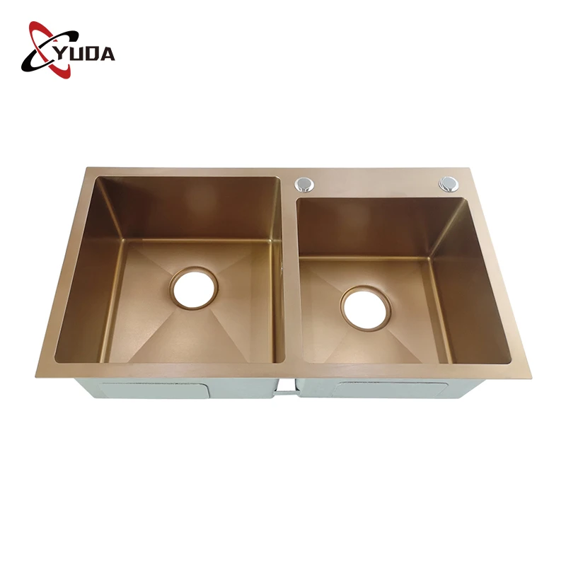 YUDA Nano Rose Golden Countertop Handmade 304 Stainless Steel Double Bowl Kitchen Sink for Home Hotel Restaurant Installation