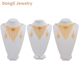 Dongli Jewelry Exquisite Champagne Gold Brass 2-Piece Set with Arabic Floral Mesh & Leaf Pendants for Festive Banquets