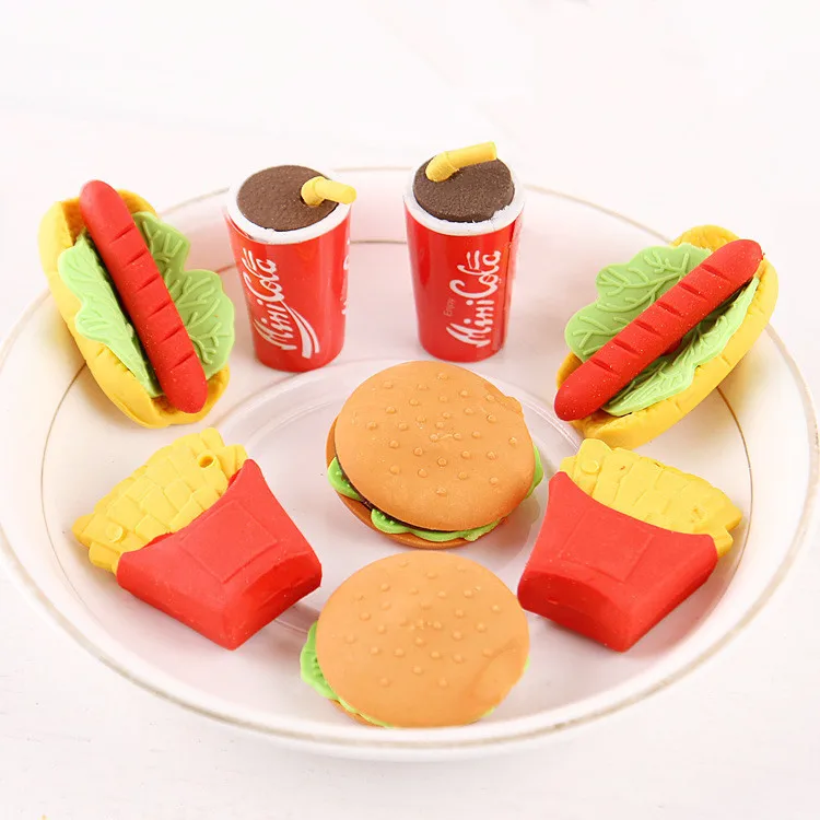 Custom 3D Fast Food Shaped 5*4.5cm TPR/PVC Eraser Set Rubber Pencil Eraser 1pcs/opp HT-10069 Promotional Gift for Fast Food