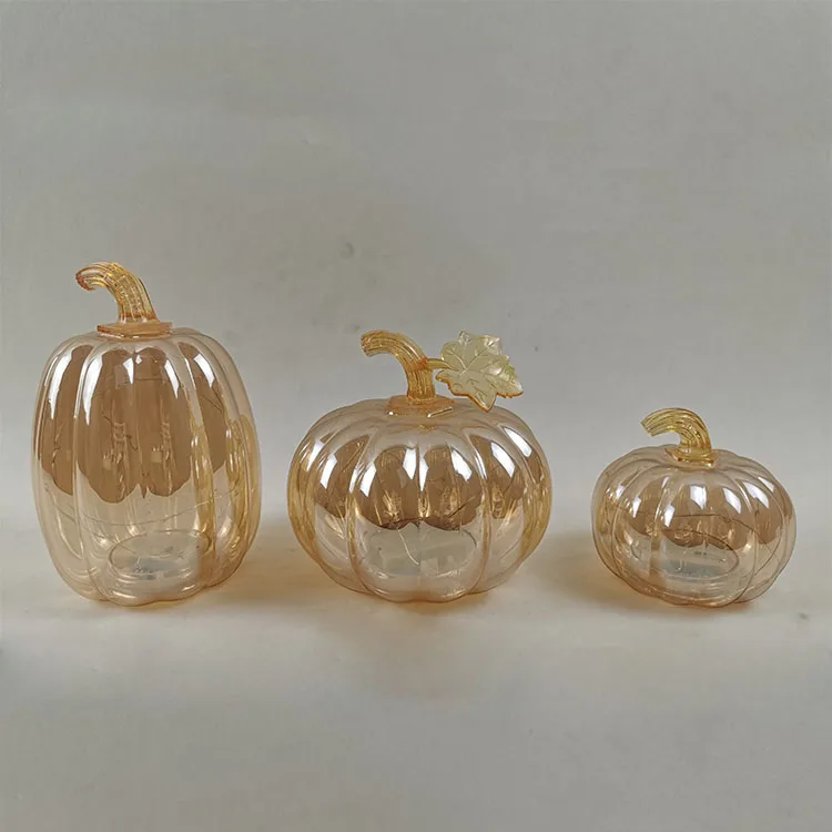 Electroplating champagne gold clear glass home decor halloween pumpkin led light up gift crafts items decorations for halloween