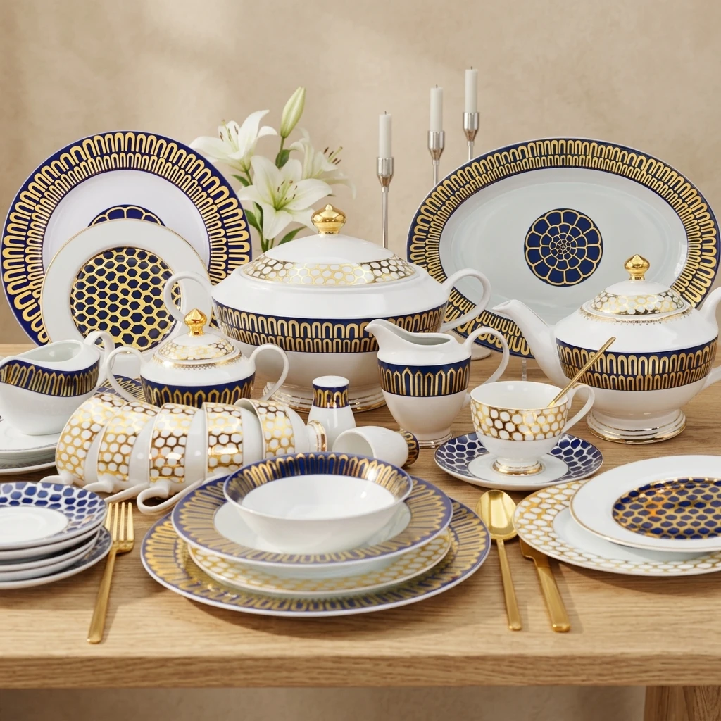 98pcs Rts Berühmte Marke Modernes Luxus-porzellan-abendessen Mit 24 Karat Reinem Gold Dekorations Geschirr