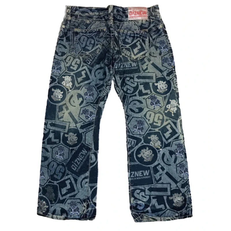 DiZNEW denim manufacturer smile number full printing fashionable breathable men loose fit wide leg denim pants jeans manufacture