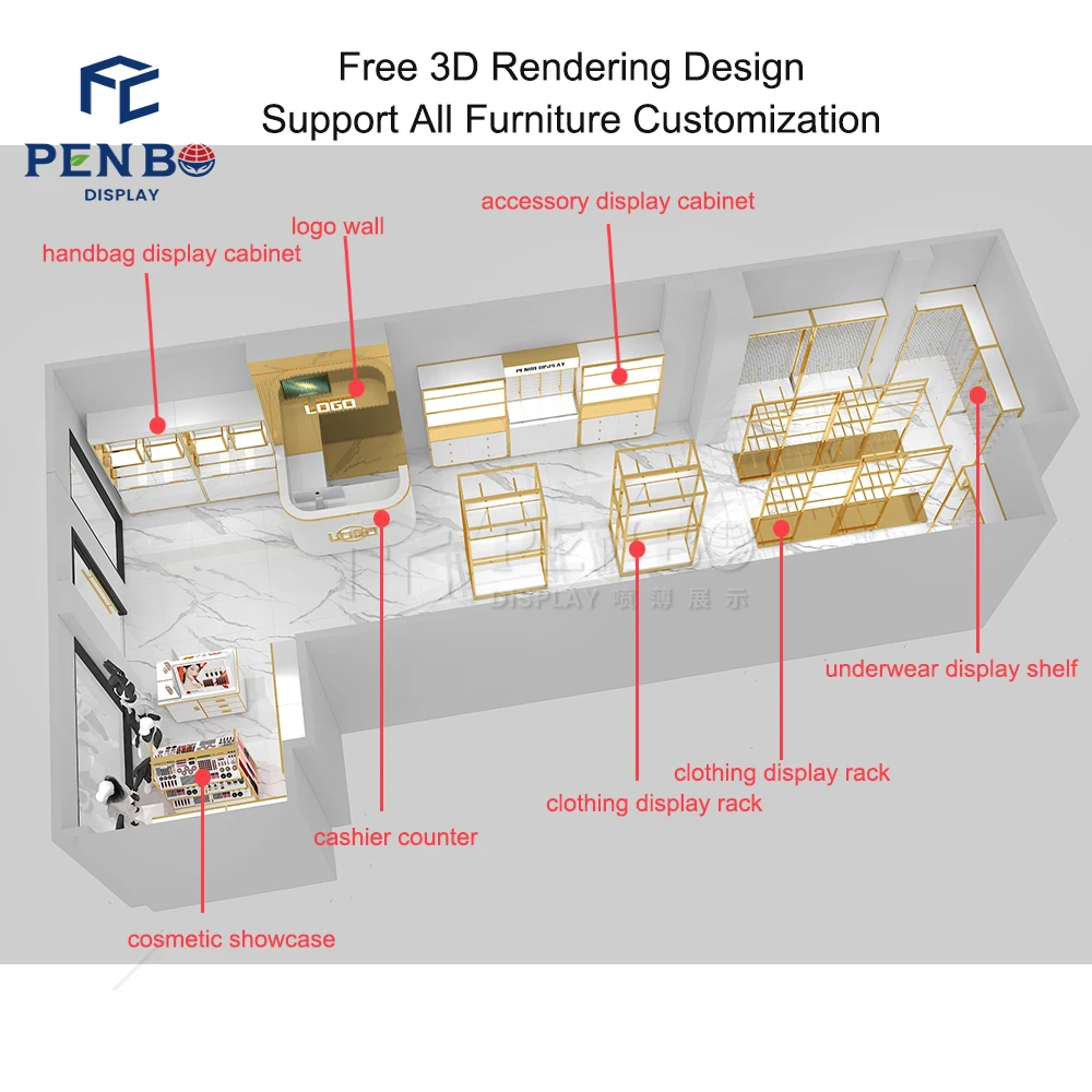 High End Garment Shop Decoration Customized Gold Clothing Display Rack Provided Full Clothes Shop Design
