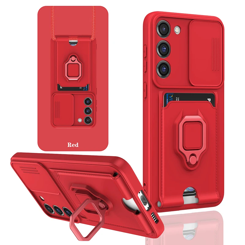 Multifunctional Magnetic Ring Holder for Samsung S24 Ultra Plus S22 Slide Camera Window Card Wallet Slot Cover Mobile Phone Case
