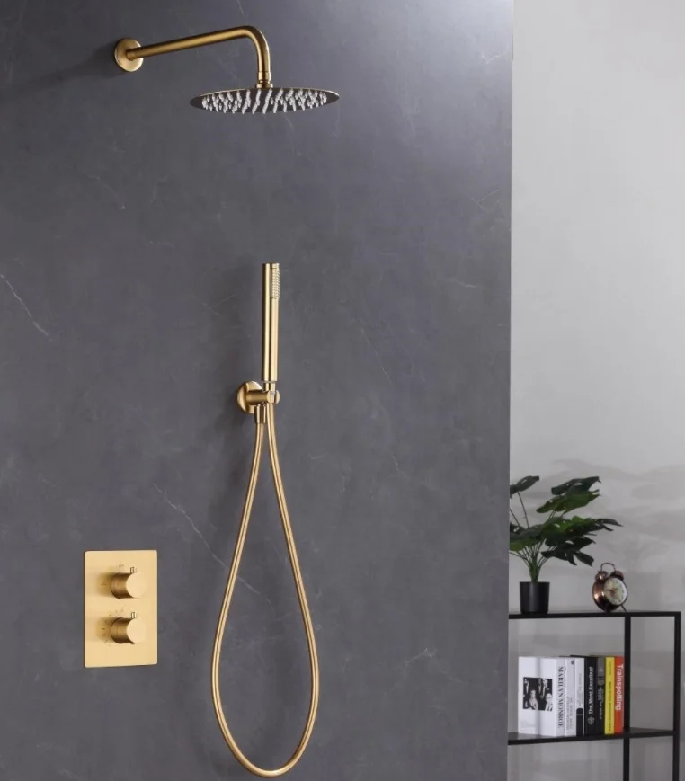 Luxury Home Brass Fashion Style Gold Brushed Bath & Shower Faucets Thermostatic Shower Kit in Wall Shower Faucets