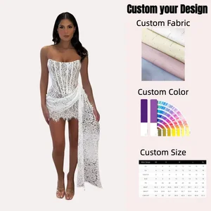 White Lace Strapless Mini Dress Asymmetric Hem Corset Style Tassel Detail Customizable OEM Wedding Guest Dress