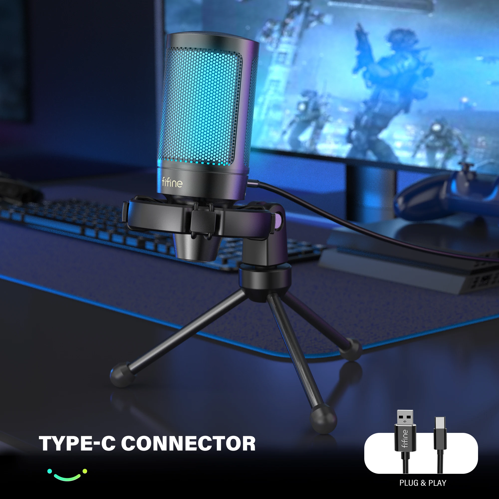 For A2 Standing Condenser Computer Microphone USB RGB Lighting Noise Cancelling Light-weight Wired Gaming Streaming Studio