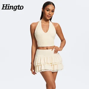 New Design Custom Sexy V Neck Lace Halter Bra and Multi-Layered Lace Short Skirt 2 Pieces Matching Sets Outdoor Summer Suit