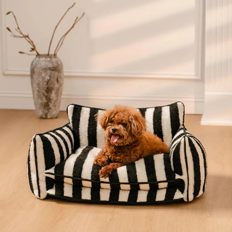 Luxury Dog Sofa Bed Striped Lambswool Double Layer Dog Bed Cat Beds Cat