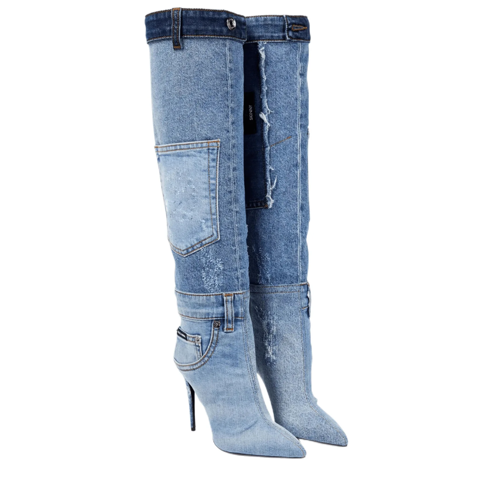 2023 Autumn Winter High Heeled Cowboy Boots Washed Pocket Sexy Party Denim Women Over The Knee High Boots - Image 2