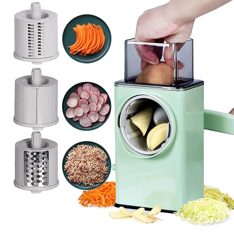 Upgraded Hand Crank Potato Slicer Cutter Rotary Cheese Graters Chopper Shredders Kitchen Tool with 3 Drum Blades for Vegetables
