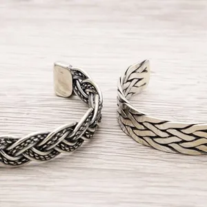 Handmade Chiang Mai Retro Hemp Rope Bracelet S925 Sterling Silver Simple Opening Design for Men Women Wholesale Fashion Bangles