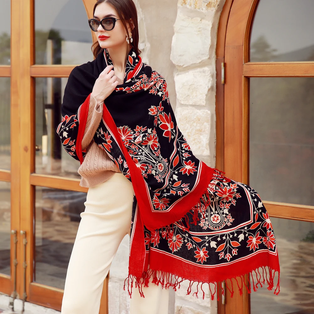 Wholesale Red Flower Design Large Size Wool Scarves Oversize Shawls Soft  Dupatta 100% Pure Wool Scarf Wraps for Women