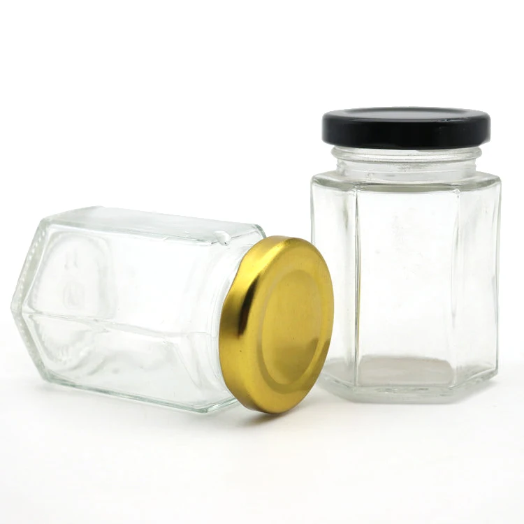 Custom 100ml 120ml Hex Food Jam Sauce Storage Glass Bottles Clear Hexagonal Glass Honey Jar with Tinplate Lid