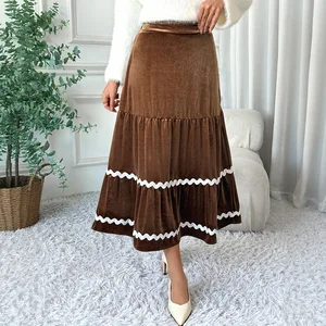 Women's High Waist Irregular Long Skirt Autumn Sweet Contrast Color Empire Waistline Streetwear Style Anti-Static for Winter