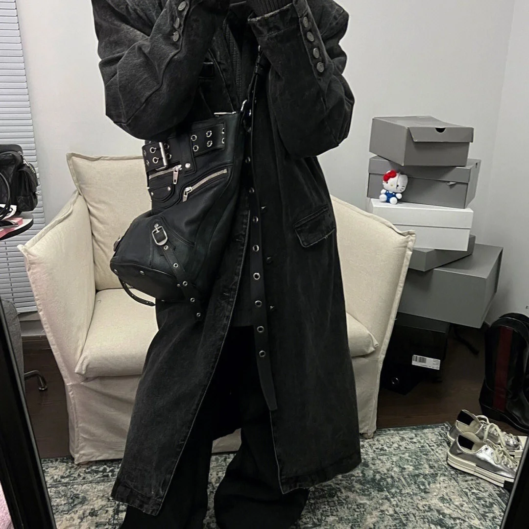 LIng Yu Punk Motorcycle Bucket Single Shoulder Crossbody Bag Women PU XL Zipper Dark Rivet Heavy-Duty Leisure Travel