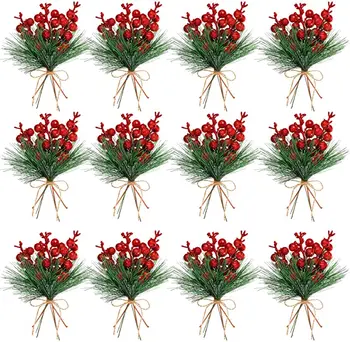 Artificial Pine Branches Fake Greenery Branches Pine Needles Green Sprigs Glitter Berries Stems for Christmas Decor