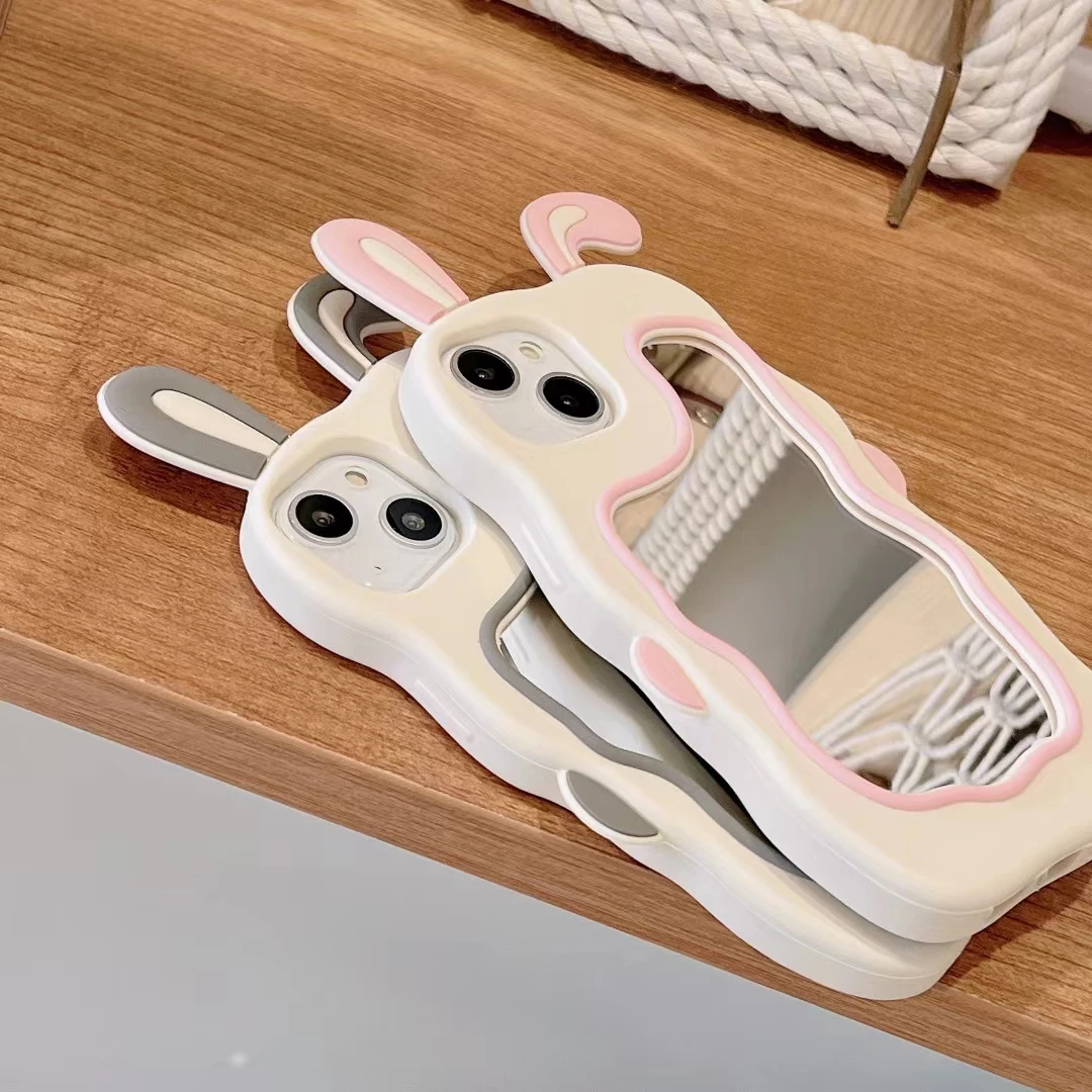 Korean 3D Rabbit Ear Mirror Make up Phone Case for iPhone 11 13 12 14 15 Pro Max XR XS Max Cute Shockproof Silicone Cover