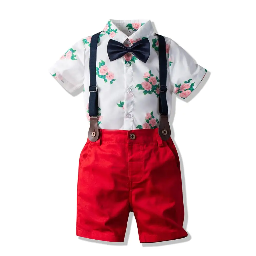 Kids Baby Boys Summer Floral Clothing Short Sleeve T-shirt+Red Short+Belt Sets